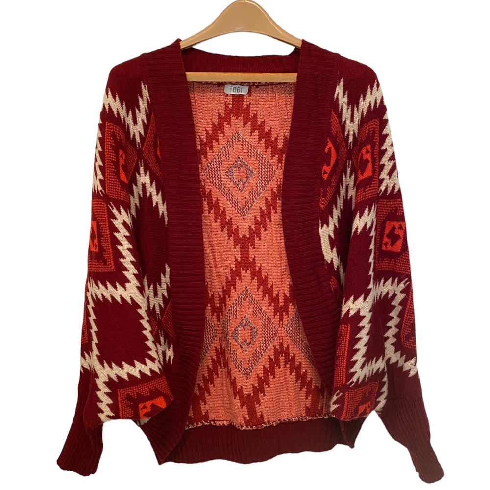 Tobi Red Print Open Front Knit Cardigan Size M/L